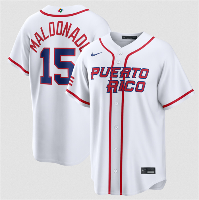 Men's Puerto Rico Baseball #15 Martín Maldonado White 2026 World Baseball Classic Home Stadium Stitched Jersey Men's Puerto Rico Baseball #15 Martín Maldonado White 2026 World Baseball Classic Home Stadium Stitched Jersey
