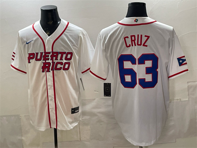 Men's Puerto Rico Baseball #63 Fernando Cruz White 2026 World Baseball Classic Home Stadium Stitched Jersey Men's Puerto Rico Baseball #63 Fernando Cruz White 2026 World Baseball Classic Home Stadium Stitched Jersey