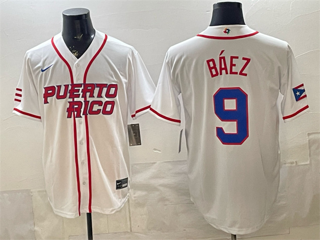 Men's Puerto Rico Baseball #9 Javier Báez White 2026 World Baseball Classic Home Stadium Stitched Jersey Men's Puerto Rico Baseball #9 Javier Báez White 2026 World Baseball Classic Home Stadium Stitched Jersey
