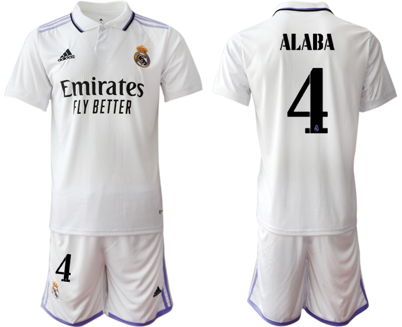 Men's Real Madrid #4 David Alaba 22 23 White Home Soccer Jersey Suit