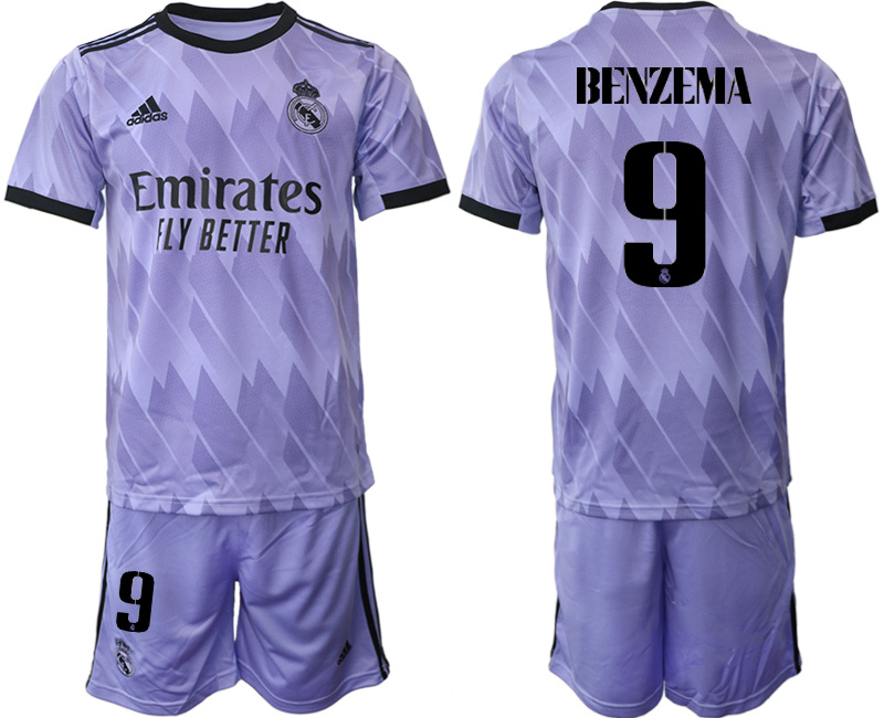 Men's Real Madrid #9 Karim Benzema 22 23 Purple Away Soccer Jersey Suit