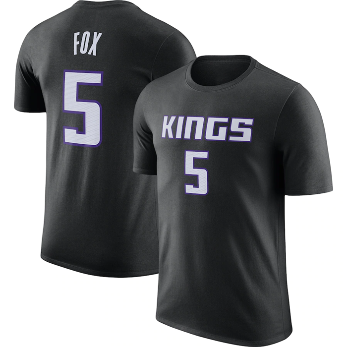 Men's Sacramento Kings #5 De'Aaron Fox Black 2022 23 Statement Edition Name & Number T-Shirt