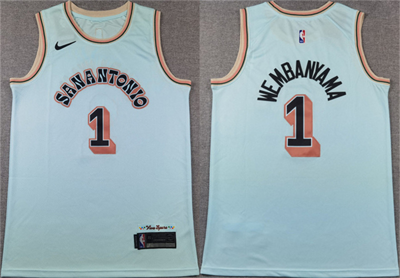 Men's San Antonio Spurs #1 Victor Wembanyama Light Blue 2024-25 City Edition Stitched Basketball Jersey Men's San Antonio Spurs #1 Victor Wembanyama Light Blue 2024-25 City Edition Stitched Basketball Jersey
