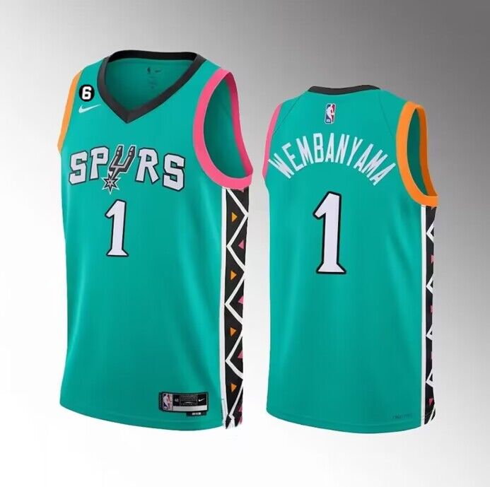 Men's San Antonio Spurs #1 Victor Wembanyama Teal 2022 23 City Edition Swingman With NO.6 Patch Stitched Basketball Jersey Men's San Antonio Spurs #1 Victor Wembanyama Teal 2022 23 City Edition Swingman With NO.6 Patch Stitched Basketball Jersey