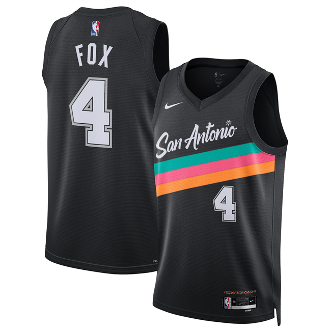 Men's San Antonio Spurs #4 De'Aaron Fox Black 2025 26 City Edition Stitched Basketball Jersey Men's San Antonio Spurs #4 De'Aaron Fox Black 2025 26 City Edition Stitched Basketball Jersey