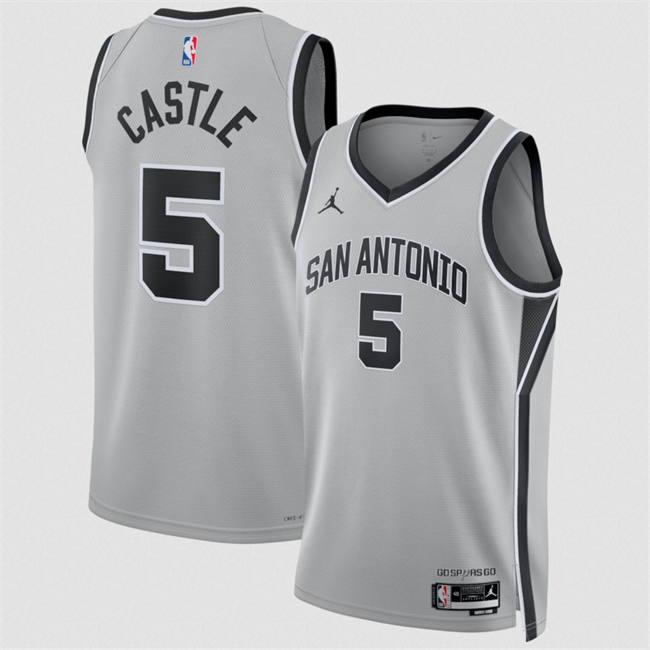 Men's San Antonio Spurs #5 Stephon Castle Silver 2025 Statement Edition Stitched Basketball Jersey Men's San Antonio Spurs #5 Stephon Castle Silver 2025 Statement Edition Stitched Basketball Jersey