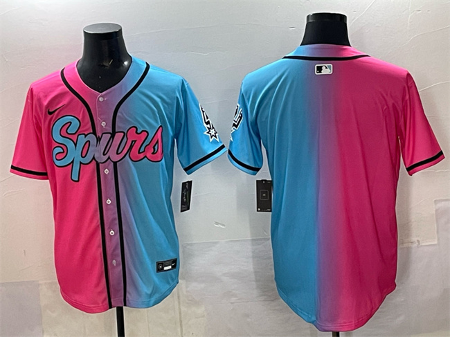 Men's San Antonio Spurs Blank Pink Blue Limited Stitched Baseball Jersey Men's San Antonio Spurs Blank Pink Blue Limited Stitched Baseball Jersey