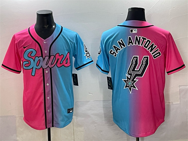 Men's San Antonio Spurs Team Big Logo Pink Blue Limited Stitched Baseball Jersey Men's San Antonio Spurs Team Big Logo Pink Blue Limited Stitched Baseball Jersey