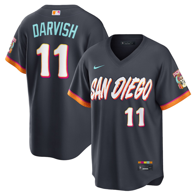 Men's San Diego Padres #11 Yu Darvish Obsidian 2026 City Connect Stadium Stitched Baseball Jersey Men's San Diego Padres #11 Yu Darvish Obsidian 2026 City Connect Stadium Stitched Baseball Jersey