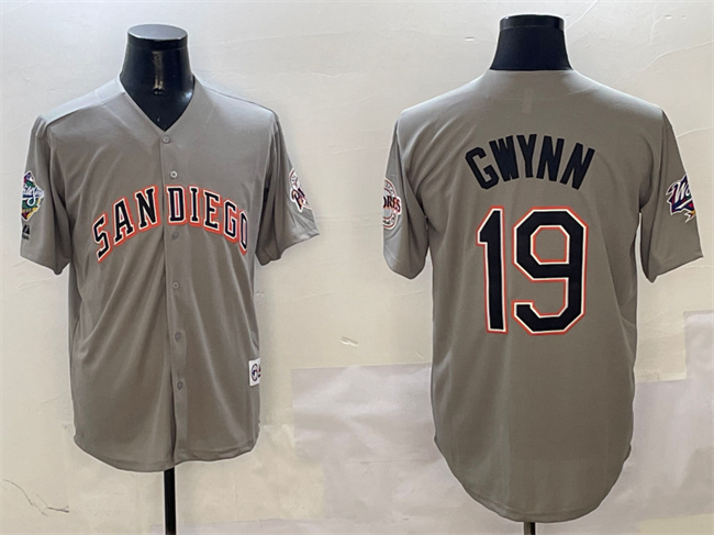 Men's San Diego Padres #19 Tony Gwynn Grey With Patch Cool Base Stitched Jersey Men's San Diego Padres #19 Tony Gwynn Grey With Patch Cool Base Stitched Jersey