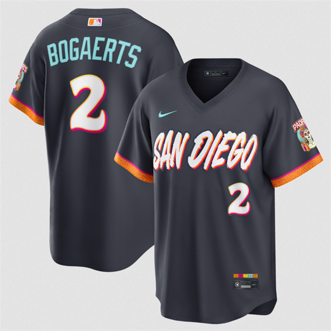 Men's San Diego Padres #2 Xander Bogaerts Obsidian 2026 City Connect Stadium Stitched Baseball Jersey Men's San Diego Padres #2 Xander Bogaerts Obsidian 2026 City Connect Stadium Stitched Baseball Jersey