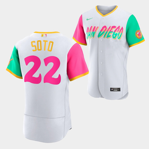 Men's San Diego Padres #22 Juan Soto 2022 White City Connect Flex Base Stitched Baseball Jersey Men's San Diego Padres #22 Juan Soto 2022 White City Connect Flex Base Stitched Baseball Jersey