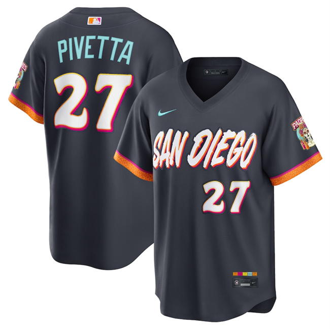 Men's San Diego Padres #27 Nick Pivetta Obsidian 2026 City Connect Stadium Stitched Baseball Jersey Men's San Diego Padres #27 Nick Pivetta Obsidian 2026 City Connect Stadium Stitched Baseball Jersey