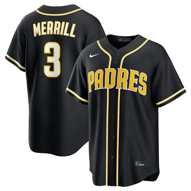 Men's San Diego Padres #3 Jackson Merrill 2026 Fashion Replica Black Out Stitched Baseball Jersey Men's San Diego Padres #3 Jackson Merrill 2026 Fashion Replica Black Out Stitched Baseball Jersey