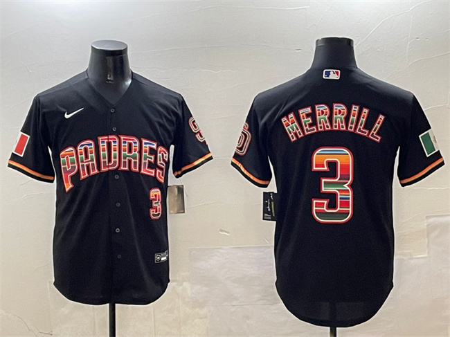 Men's San Diego Padres #3 Jackson Merrill Black Mexico Cool Base Stitched Baseball Jersey Men's San Diego Padres #3 Jackson Merrill Black Mexico Cool Base Stitched Baseball Jersey