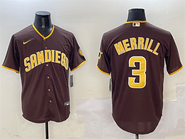 Men's San Diego Padres #3 Jackson Merrill Brown Cool Base Stitched Baseball Jersey Men's San Diego Padres #3 Jackson Merrill Brown Cool Base Stitched Baseball Jersey