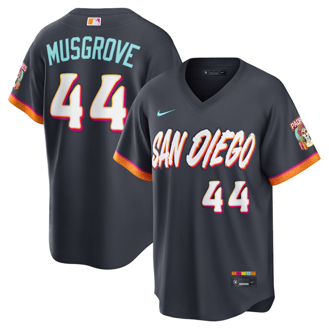 Men's San Diego Padres #44 Joe Musgrove Obsidian 2026 City Connect Stadium Stitched Baseball Jersey Men's San Diego Padres #44 Joe Musgrove Obsidian 2026 City Connect Stadium Stitched Baseball Jersey