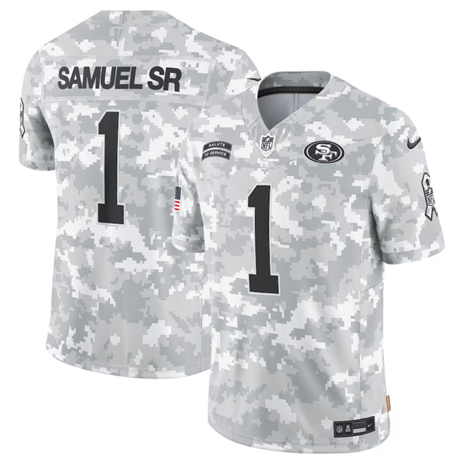 Men's San Francisco 49ers #1 Deebo Samuel Sr 2024 Arctic Camo Salute To Service Limited Stitched Football Jersey Men's San Francisco 49ers #1 Deebo Samuel Sr 2024 Arctic Camo Salute To Service Limited Stitched Football Jersey