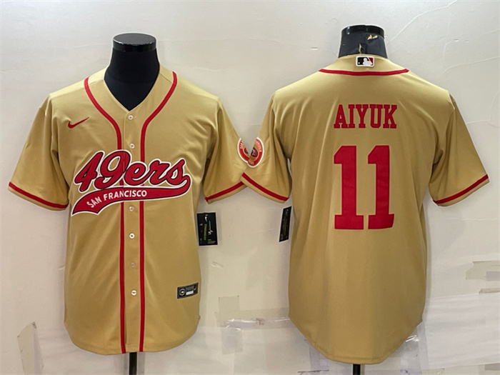 Men's San Francisco 49ers #11 Brandon Aiyuk Gold With Patch Cool Base Stitched Baseball Jersey Men's San Francisco 49ers #11 Brandon Aiyuk Gold With Patch Cool Base Stitched Baseball Jersey