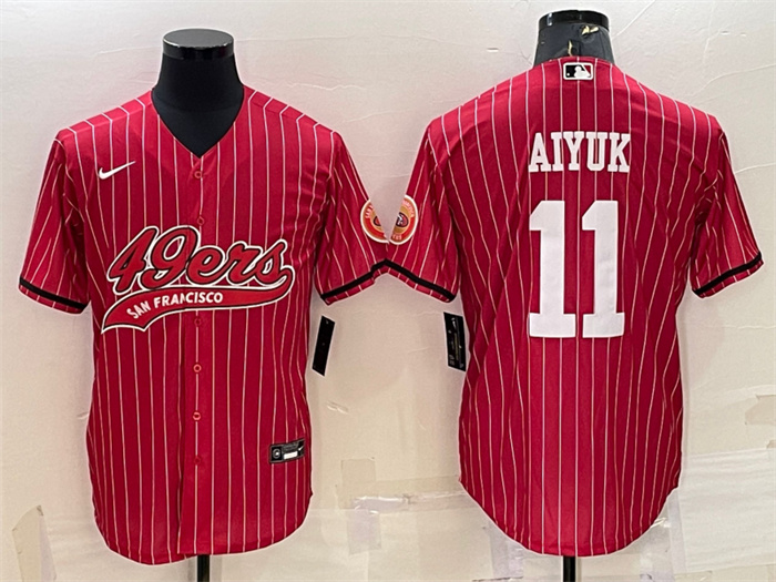 Men's San Francisco 49ers #11 Brandon Aiyuk Red With Patch Cool Base Stitched Baseball Jersey Men's San Francisco 49ers #11 Brandon Aiyuk Red With Patch Cool Base Stitched Baseball Jersey