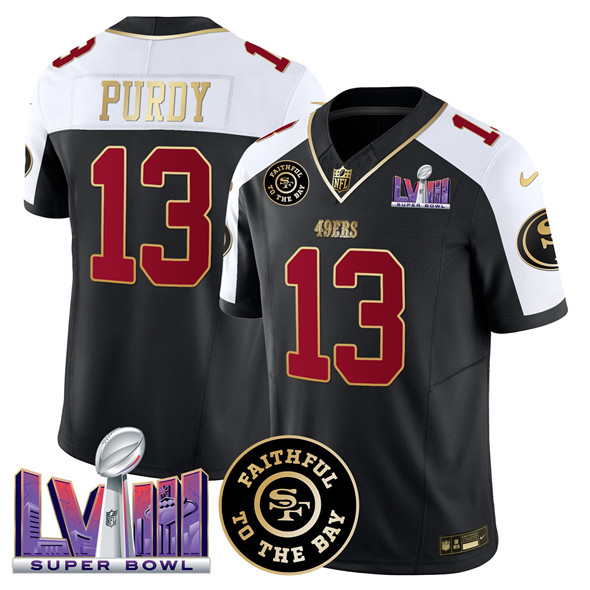 Men's San Francisco 49ers #13 Brock Purdy Black Alternate 2025 F.U.S.E. Faithful & Super Bowl LVIII Patch Vapor Limited Stitched Football Jersey