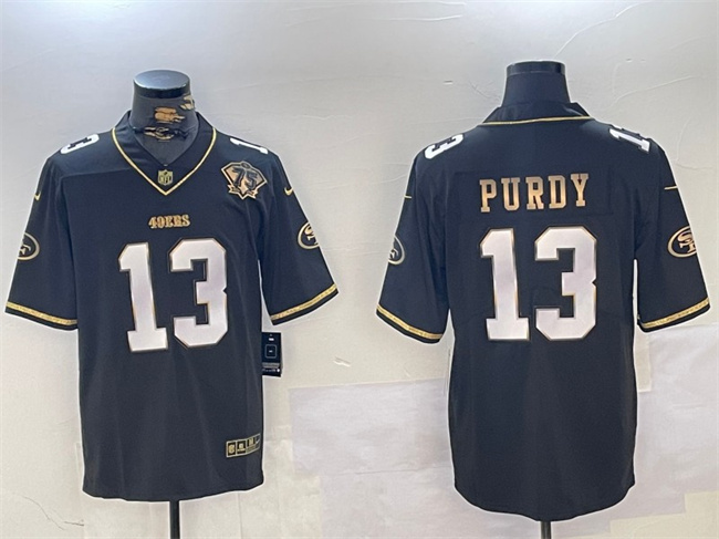 Men's San Francisco 49ers #13 Brock Purdy Black Gold With 75th Anniversary Patch Stitched Jersey Men's San Francisco 49ers #13 Brock Purdy Black Gold With 75th Anniversary Patch Stitched Jersey