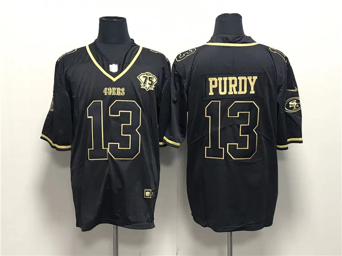 Men's San Francisco 49ers #13 Brock Purdy Black Gold With 75th Anniversary Patch Stitched Jersey Men's San Francisco 49ers #13 Brock Purdy Black Gold With 75th Anniversary Patch Stitched Jersey