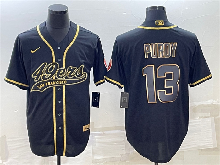 Men's San Francisco 49ers #13 Brock Purdy Black Gold With Patch Cool Base Stitched Baseball Jersey Men's San Francisco 49ers #13 Brock Purdy Black Gold With Patch Cool Base Stitched Baseball Jersey