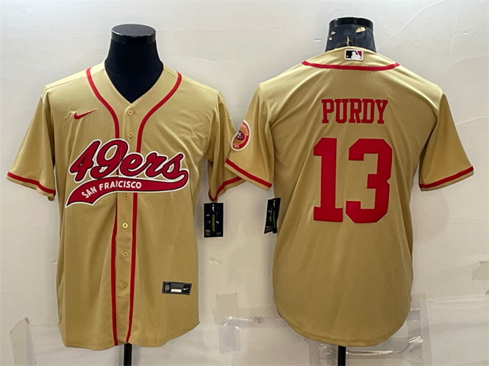 Men's San Francisco 49ers #13 Brock Purdy Gold With Patch Cool Base Stitched Baseball Jersey Men's San Francisco 49ers #13 Brock Purdy Gold With Patch Cool Base Stitched Baseball Jersey