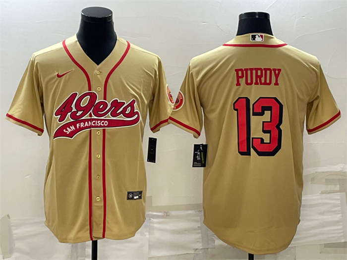 Men's San Francisco 49ers #13 Brock Purdy New Gold With Patch Cool Base Stitched Baseball Jersey Men's San Francisco 49ers #13 Brock Purdy New Gold With Patch Cool Base Stitched Baseball Jersey