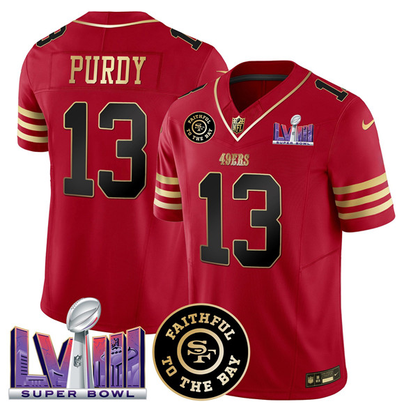 Men's San Francisco 49ers #13 Brock Purdy Red 2025 F.U.S.E. Faithful & Super Bowl LVIII Patch Vapor Limited Stitched Football Jersey