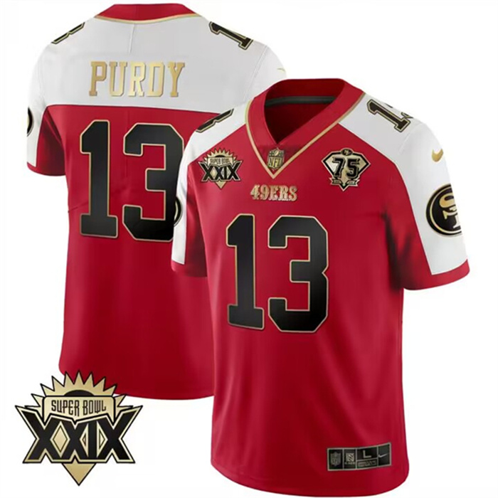 Men's San Francisco 49ers #13 Brock Purdy Red Gold Super Bowl XXIX Patch Limited Stitched Football Jersey Men's San Francisco 49ers #13 Brock Purdy Red Gold Super Bowl XXIX Patch Limited Stitched Football Jersey