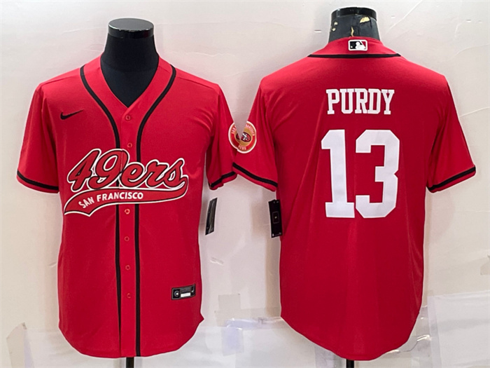 Men's San Francisco 49ers #13 Brock Purdy Red With Patch Cool Base Stitched Baseball Jersey Men's San Francisco 49ers #13 Brock Purdy Red With Patch Cool Base Stitched Baseball Jersey