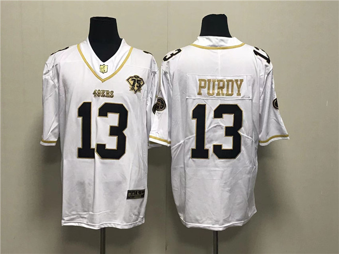Men's San Francisco 49ers #13 Brock Purdy White Gold With 75th Anniversary Patch Stitched Jersey Men's San Francisco 49ers #13 Brock Purdy White Gold With 75th Anniversary Patch Stitched Jersey