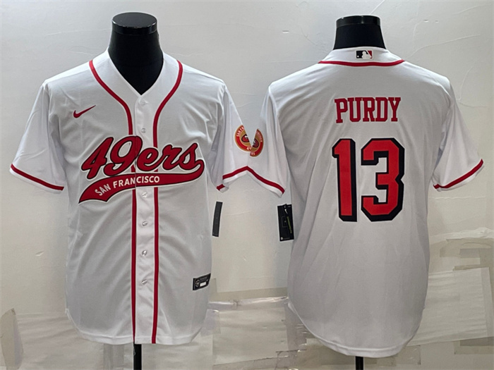 Men's San Francisco 49ers #13 Brock Purdy White With Patch Cool Base Stitched Baseball Jersey Men's San Francisco 49ers #13 Brock Purdy White With Patch Cool Base Stitched Baseball Jersey