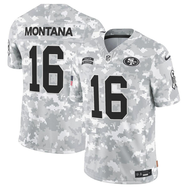 Men's San Francisco 49ers #16 Joe Montana 2024 F.U.S.E Arctic Camo Salute To Service Limited Stitched Football Jersey Men's San Francisco 49ers #16 Joe Montana 2024 F.U.S.E Arctic Camo Salute To Service Limited Stitched Football Jersey
