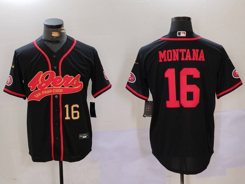 Men's San Francisco 49ers #16 Joe Montana Black With Patch Cool Base Stitched Baseball Jersey 1 Men's San Francisco 49ers #16 Joe Montana Black With Patch Cool Base Stitched Baseball Jersey 1
