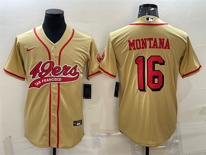 Men's San Francisco 49ers #16 Joe Montana New Gold With Patch Cool Base Stitched Baseball Jersey Men's San Francisco 49ers #16 Joe Montana New Gold With Patch Cool Base Stitched Baseball Jersey