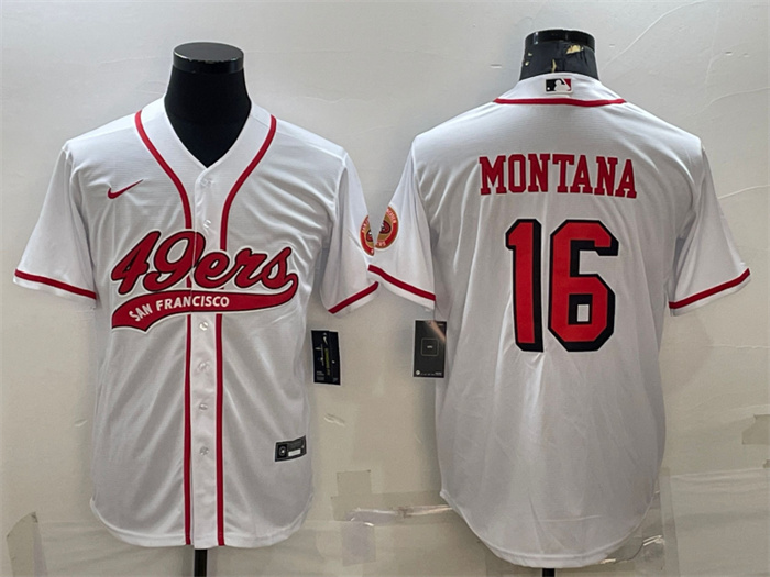 Men's San Francisco 49ers #16 Joe Montana New White With Patch Cool Base Stitched Baseball Jersey Men's San Francisco 49ers #16 Joe Montana New White With Patch Cool Base Stitched Baseball Jersey