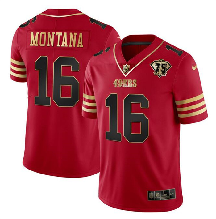Men's San Francisco 49ers #16 Joe Montana Red Gold With 75th Anniversary Patch Stitched Jersey Men's San Francisco 49ers #16 Joe Montana Red Gold With 75th Anniversary Patch Stitched Jersey