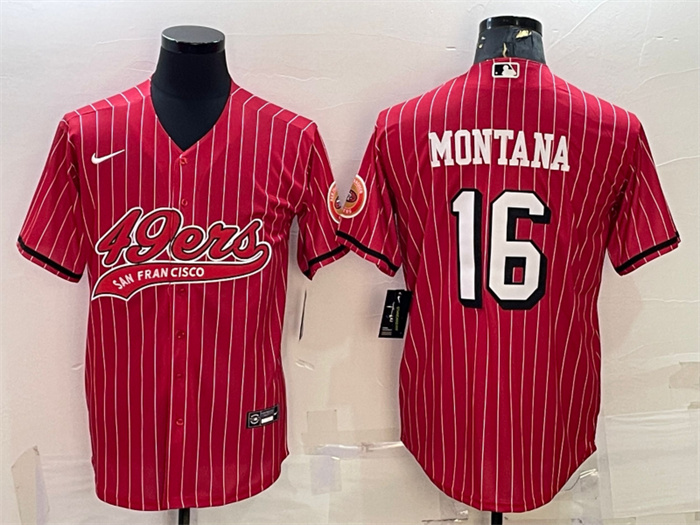 Men's San Francisco 49ers #16 Joe Montana Red With Patch Cool Base Stitched Baseball Jersey Men's San Francisco 49ers #16 Joe Montana Red With Patch Cool Base Stitched Baseball Jersey