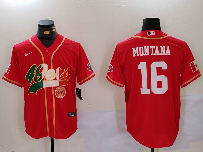 Men's San Francisco 49ers #16 Joe Montana Red With Patch Cool Base Stitched Baseball Jersey 1 Men's San Francisco 49ers #16 Joe Montana Red With Patch Cool Base Stitched Baseball Jersey 1
