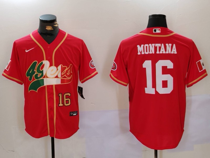 Men's San Francisco 49ers #16 Joe Montana Red With Patch Cool Base Stitched Baseball Jersey 2 Men's San Francisco 49ers #16 Joe Montana Red With Patch Cool Base Stitched Baseball Jersey 2