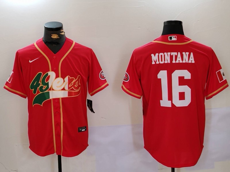 Men's San Francisco 49ers #16 Joe Montana Red With Patch Cool Base Stitched Baseball Jersey 8 Men's San Francisco 49ers #16 Joe Montana Red With Patch Cool Base Stitched Baseball Jersey 8
