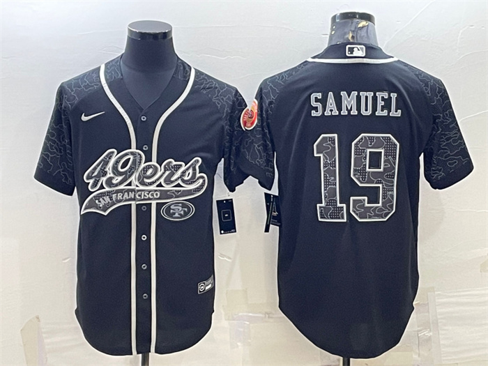 Men's San Francisco 49ers #19 Deebo Samuel Black Reflective With Patch Cool Base Stitched Baseball Jersey Men's San Francisco 49ers #19 Deebo Samuel Black Reflective With Patch Cool Base Stitched Baseball Jersey