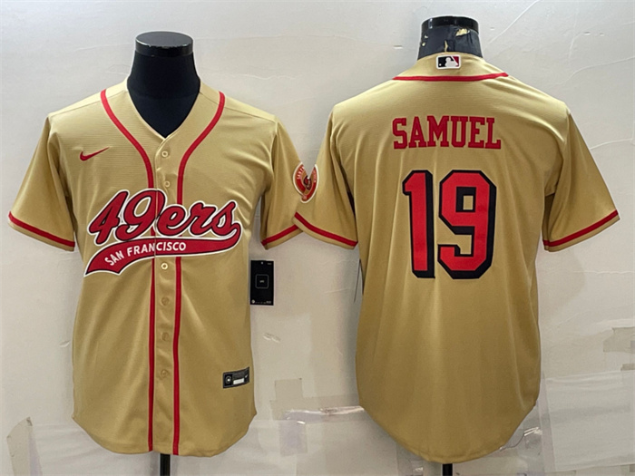 Men's San Francisco 49ers #19 Deebo Samuel New Gold With Patch Cool Base Stitched Baseball Jersey Men's San Francisco 49ers #19 Deebo Samuel New Gold With Patch Cool Base Stitched Baseball Jersey