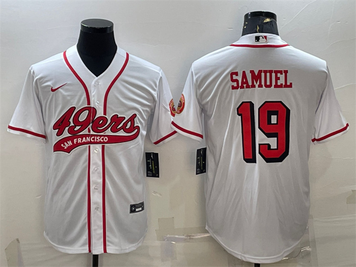 Men's San Francisco 49ers #19 Deebo Samuel New White With Patch Cool Base Stitched Baseball Jersey Men's San Francisco 49ers #19 Deebo Samuel New White With Patch Cool Base Stitched Baseball Jersey