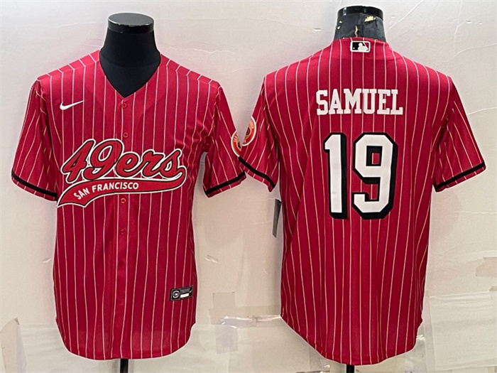 Men's San Francisco 49ers #19 Deebo Samuel Red With Patch Cool Base Stitched Baseball Jersey Men's San Francisco 49ers #19 Deebo Samuel Red With Patch Cool Base Stitched Baseball Jersey