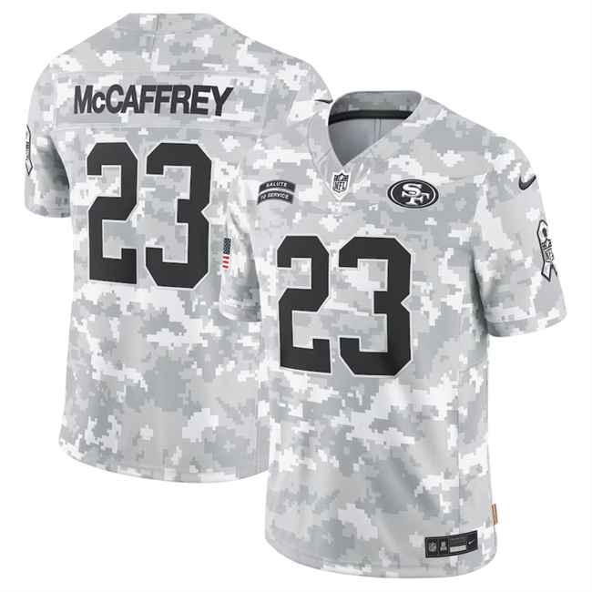 Men's San Francisco 49ers #23 Christian McCaffrey 2024 Arctic Camo Salute To Service Limited Stitched Football Jersey Men's San Francisco 49ers #23 Christian McCaffrey 2024 Arctic Camo Salute To Service Limited Stitched Football Jersey