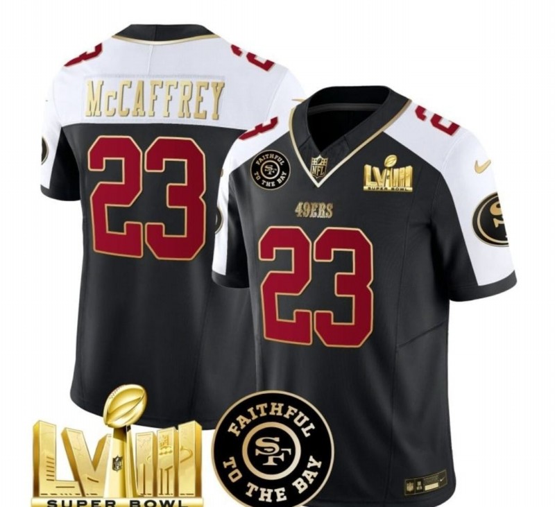 Men's San Francisco 49ers #23 Christian McCaffrey Black White 2024 F.U.S.E. Super Bowl LVIII Patch Alternate Vapor Limited Stitched Football Jersey Men's San Francisco 49ers #23 Christian McCaffrey Black White 2024 F.U.S.E. Super Bowl LVIII Patch Alternate Vapor Limited Stitched Football Jersey